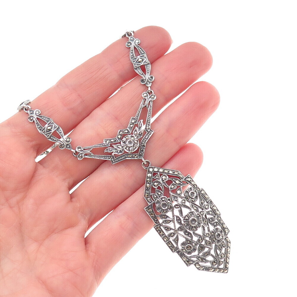 925 Sterling Antique Art Deco Real Marcasite Necklace 16" (missing 26 stones)